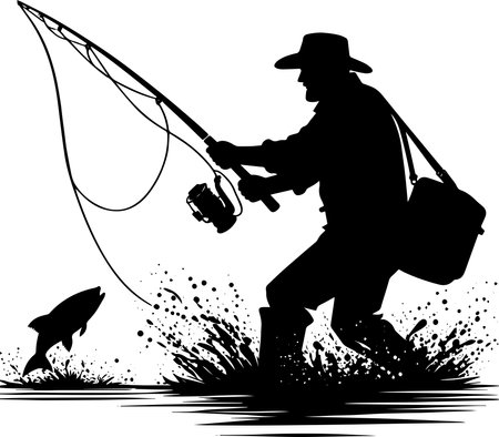 Fisherman with a fishing rod and a fish. Vector illustration.のイラスト素材