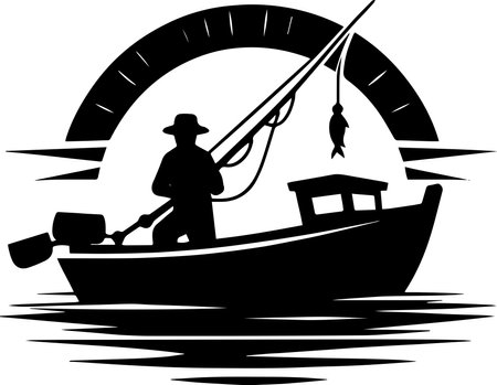 Fisherman on a boat.Vector illustration ready for vinyl cutting.のイラスト素材