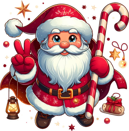 Santa Claus holding candy cane and showing victory sign. Vector illustration.のイラスト素材