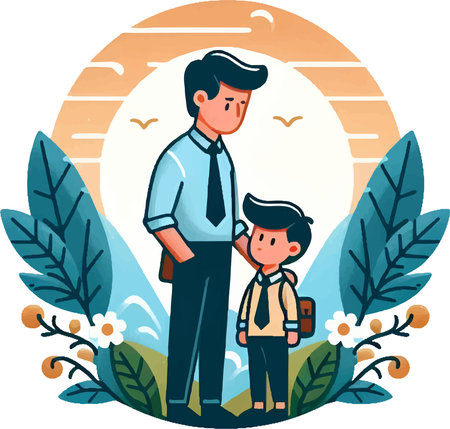 Vector illustration of a schoolboy and his teacher standing in the garden.のイラスト素材