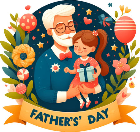 Happy Father's Day greeting card. Grandfather and granddaughter. Vector illustrationのイラスト素材