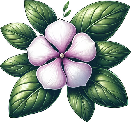 Illustration of a Periwinkle Flower with Green Leaves on White Backgroundのイラスト素材