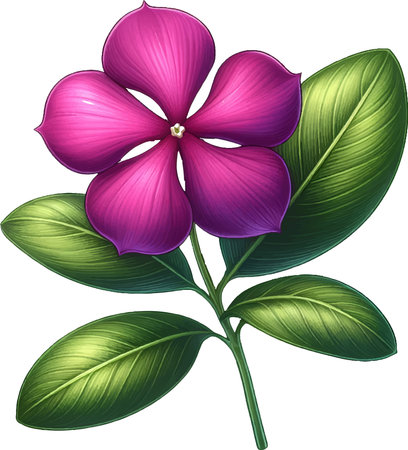 Illustration of a pink periwinkle flower with green leaves on a white backgroundのイラスト素材