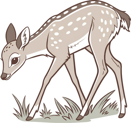 Illustration of a fawn standing on grass facing front set on isolated white background done in cartoon style.のイラスト素材
