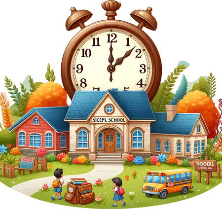 School Time Arrives: Cute Cartoon Illustration of Children Going to Schoolのイラスト素材