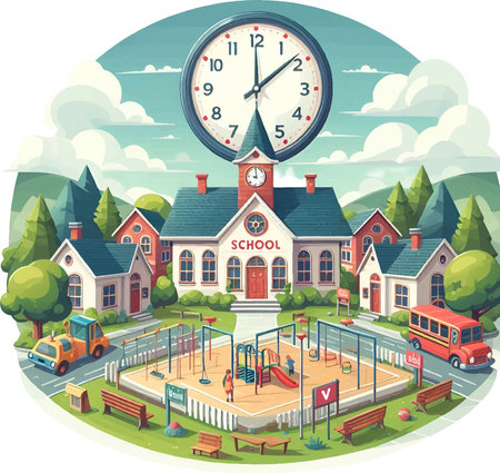 Cartoon School Illustration with Clock and Playgroundのイラスト素材