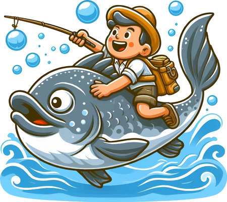 Happy Boy Fishing on a Giant Fish, Cartoon Styleのイラスト素材