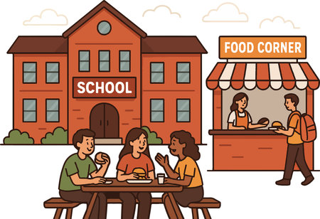 Students enjoying lunch at the school food cornerのイラスト素材
