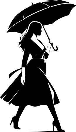 Stylish woman walking with umbrella in silhouetteのイラスト素材