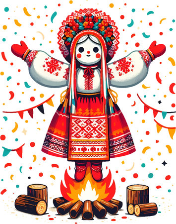 Festive Slavic Doll Dancing Above a Bonfire, Celebrating a Traditional Holidayのイラスト素材