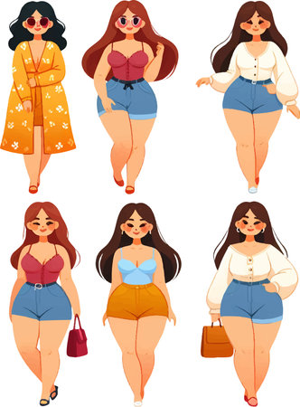 Plus-Size Women in Stylish Summer Shorts and Topsのイラスト素材