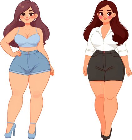Plus-Size Women in Stylish Summer Shorts and Topsのイラスト素材