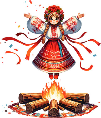 Animated Slavic Girl Leaning Over a Festive Bonfireのイラスト素材