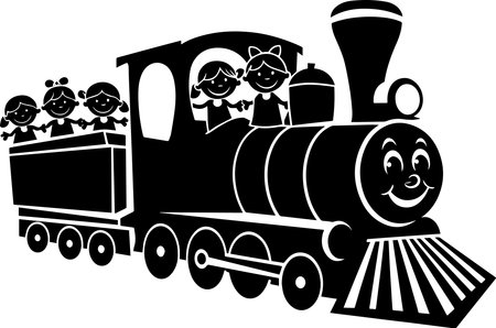 Children on a steam locomotive.Vector illustration ready for vinyl cutting.のイラスト素材