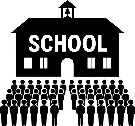 School, education and school concept - group of people with school buildingのイラスト素材