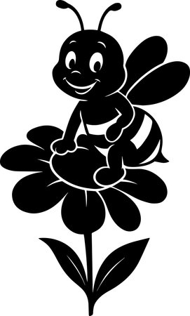 Bee and Flower - Black and White Cartoon Illustration, Vector Artのイラスト素材
