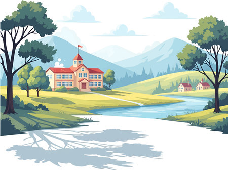 Serene Rural School Setting by a Riverのイラスト素材