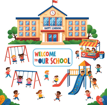 Happy Kids Playing Around School Buildingのイラスト素材