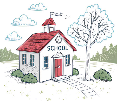 Vector illustration of a school building with a red roof and a red roof.のイラスト素材