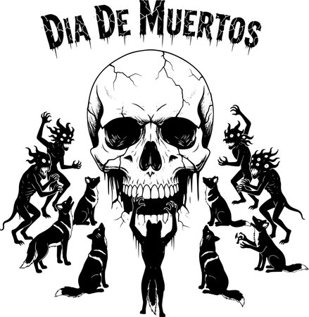 Dia de Muertos Skull Design with Mythical Creaturesのイラスト素材