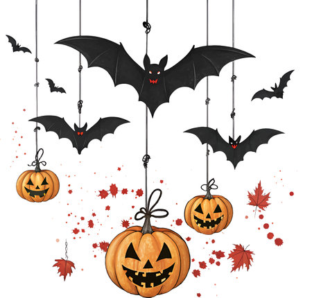 Halloween pumpkins and bats hanging on strings. Vector illustration.のイラスト素材
