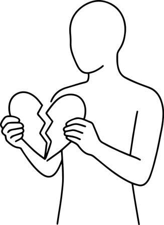 Black and white illustration of a young man holding a broken heart.のイラスト素材