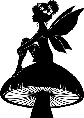 Silhouette of a fairy with a butterfly on a mushroom.のイラスト素材