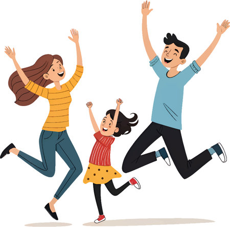 Happy family jumping together. Mother, father and daughter. Vector illustration.のイラスト素材