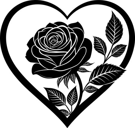 Black and white heart with roses. Vector illustration ready for vinyl cutting.のイラスト素材
