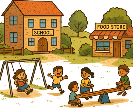 Illustration of Stickman Kids Playing on a Playground in Front of a Schoolのイラスト素材