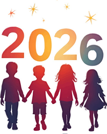 Happy New Year 2016 with children silhouettes on a white background.のイラスト素材