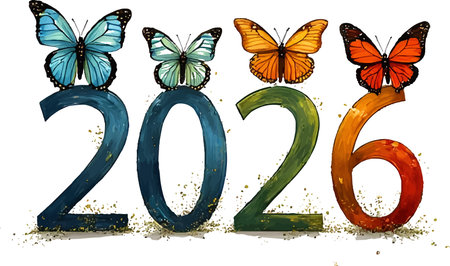 Happy new year 2016 with numbers and butterflies. Vector illustration for your design