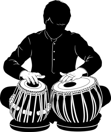 Musician.A black and white vector illustration of a man playing the drums.のイラスト素材