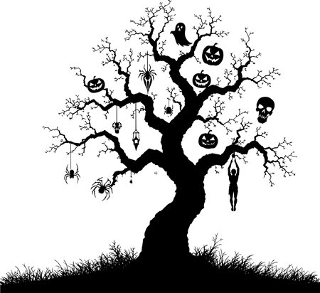 Halloween tree silhouette with ghosts, spiders and bats on white backgroundのイラスト素材