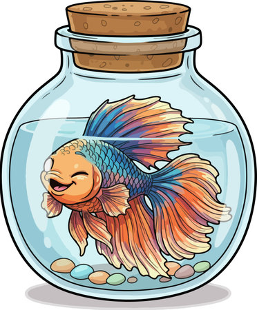 Illustration of a Colorful Fish in a Glass Jar on a White Backgroundのイラスト素材