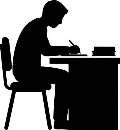 illustration of a silhouette of a man writing on a paper at his deskのイラスト素材