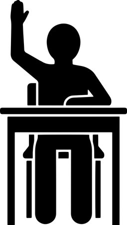 Student sitting at desk with raised hand silhouette illustration isolated on white backgroundのイラスト素材