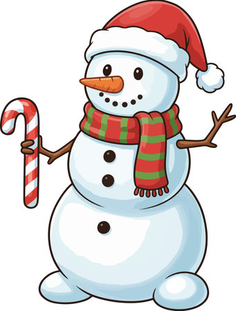Snowman with a candy cane. Vector clip art illustration with simple gradients. All in a single layer.のイラスト素材