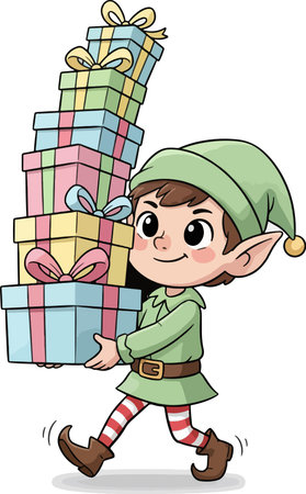 Illustration of a Cute Little Girl Wearing a Christmas Costume Holding a Stack of Giftsのイラスト素材