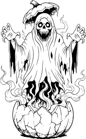 Black and White Cartoon Illustration of Witch or Wizard with Skulls for Halloweenのイラスト素材