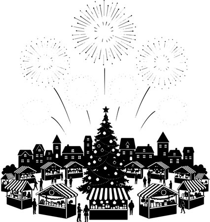 Black and white illustration of a Christmas tree, fireworks and people.のイラスト素材