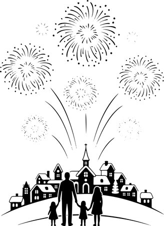 family and fireworks on a white background, vector illustration, epsのイラスト素材