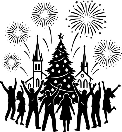 Silhouettes of people with Christmas tree and fireworks in the backgroundのイラスト素材