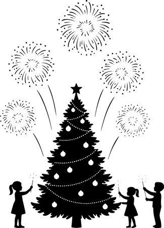 Illustration of children and Christmas tree with fireworks on a white backgroundのイラスト素材