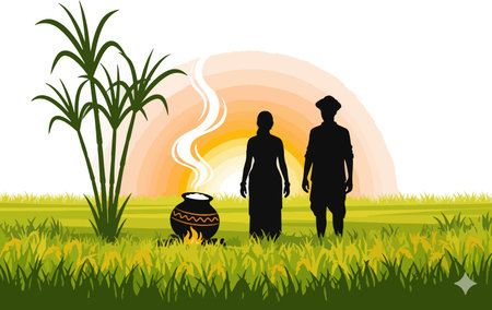 silhouette of a man and a woman with a pot on the grassのイラスト素材