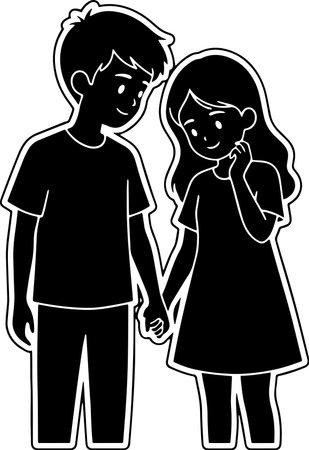 Black and White Cartoon Illustration of a Boy and Girl Holding Handsのイラスト素材