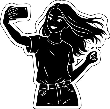 Girl Taking Selfie.Black and White Cartoon Illustration of Girl Taking Selfie with Smartphoneのイラスト素材