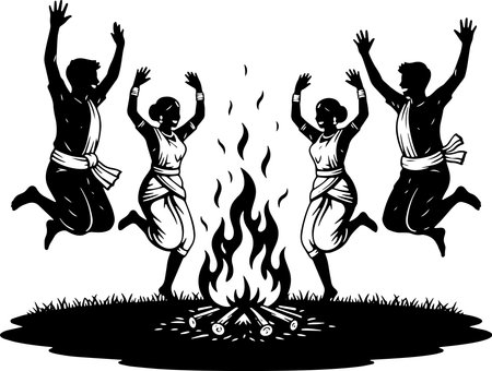 People Jumping Around the Fire.Vector illustration ready for vinyl cutting.のイラスト素材