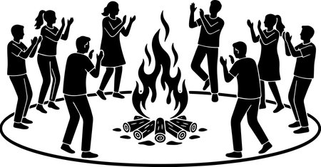 Silhouettes of people around a bonfire. Vector illustration.のイラスト素材