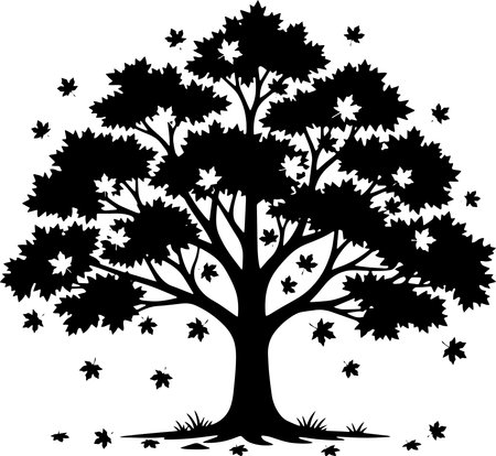 Black silhouette of oak tree with leaves on white background. Vector illustration.のイラスト素材